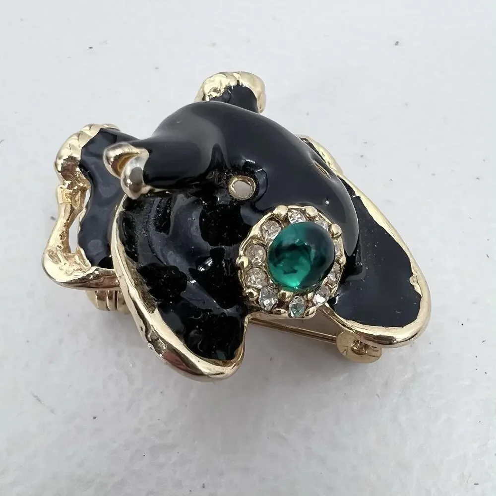 Vintage Unique Circus Elephant Gold Tone & Black Enamel Rhinestone Pin Brooch